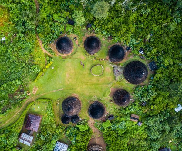 Bird's eye view of the tops of the huts in Wae Rebo Village in Flores Indonesia